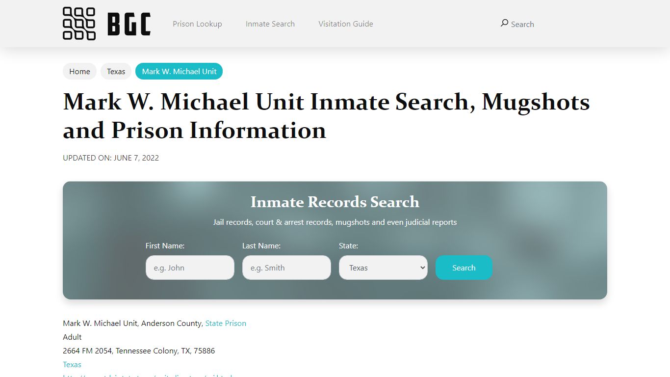 Mark W. Michael Unit Inmate Search, Mugshots , Visitation ...